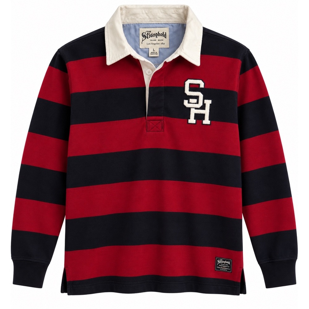 The Stronghold Mens Rugby Shirt Red Navy Blue Striped Long Sleeve Large SH Patch